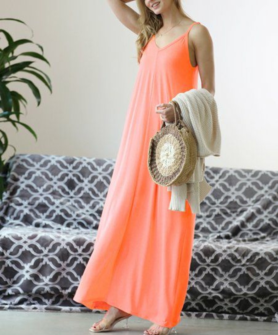 Women * | Budget 42Pops Neon Coral V-Neck Sleeveless Pocket Maxi Dress Women