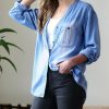 Women * | Deals 42Pops Medium Blue Chambray Roll-Tab Long-Sleeve Hi-Low Button-Up Women