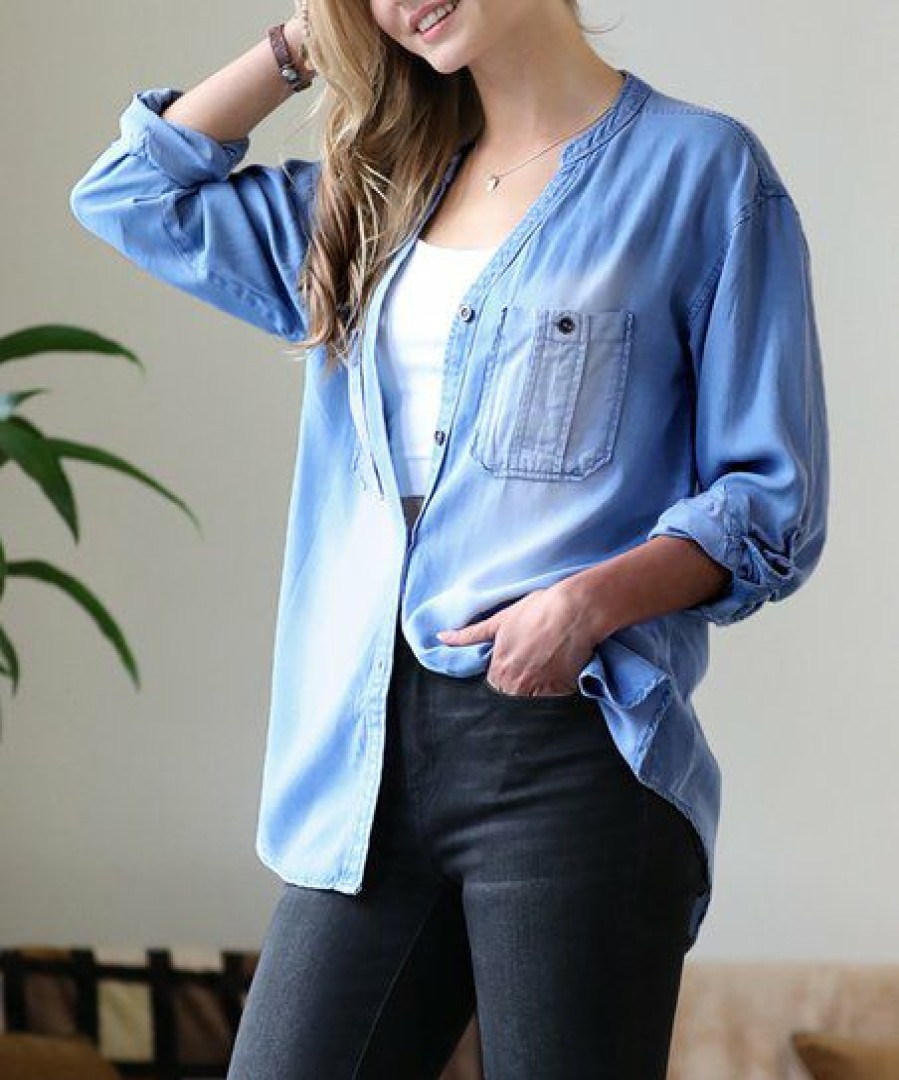 Women * | Deals 42Pops Medium Blue Chambray Roll-Tab Long-Sleeve Hi-Low Button-Up Women