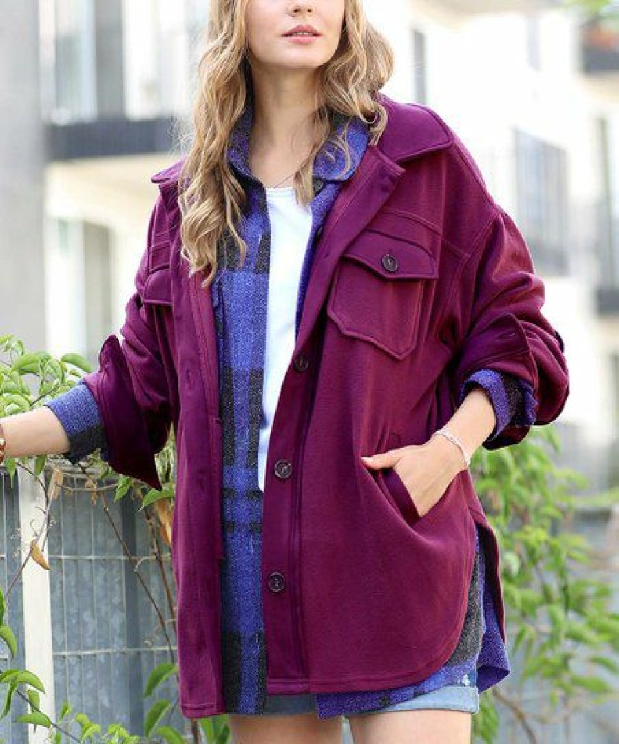 Women * | Top 10 42Pops Dark Plum Elbow-Patch Pocket Oversize Shacket Women