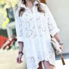 Women * | New 42Pops Off-White Eyelet Three-Quarter Sleeve Hi-Low Shirt Dress Women