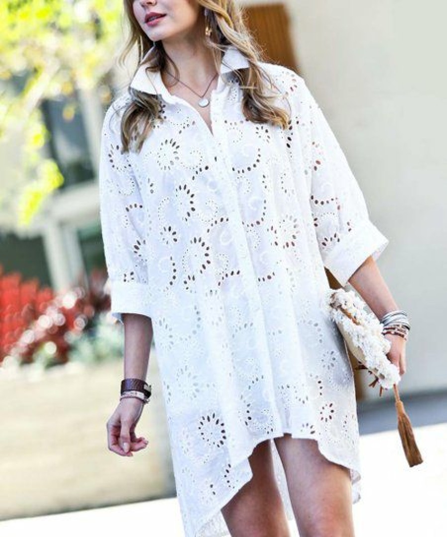 Women * | New 42Pops Off-White Eyelet Three-Quarter Sleeve Hi-Low Shirt Dress Women