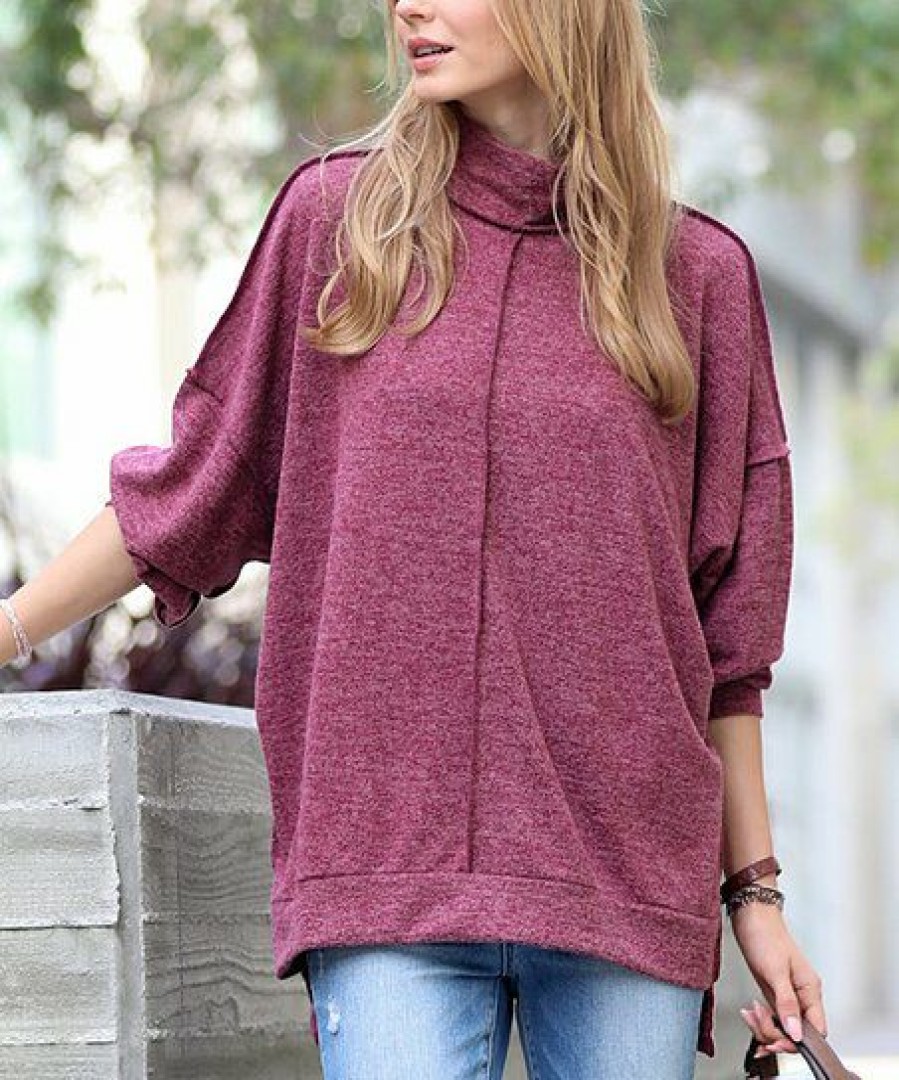 Women * | Cheap 42Pops Dark Burgundy Melange Hacci Mock Neck Sweater Women