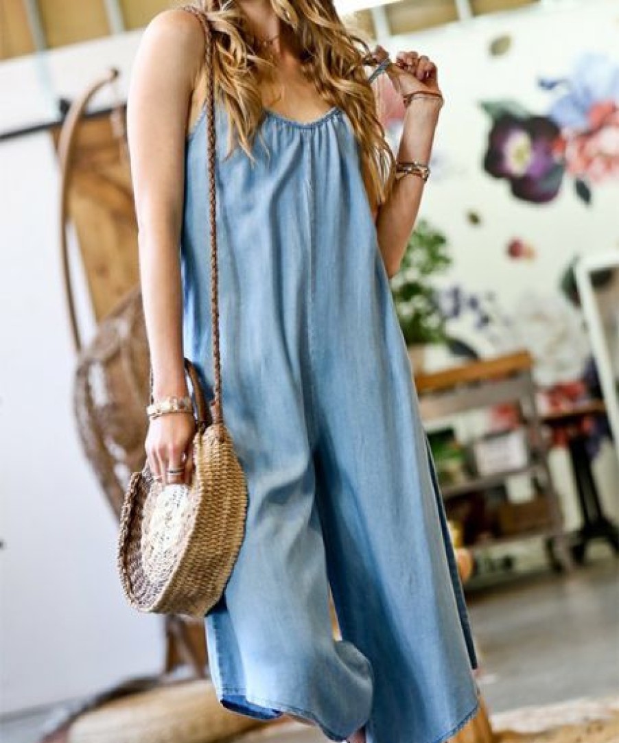 Women * | Flash Sale 42Pops Denim Blue V-Neck Sleeveless Wide-Leg Crop Pocket Jumpsuit Women