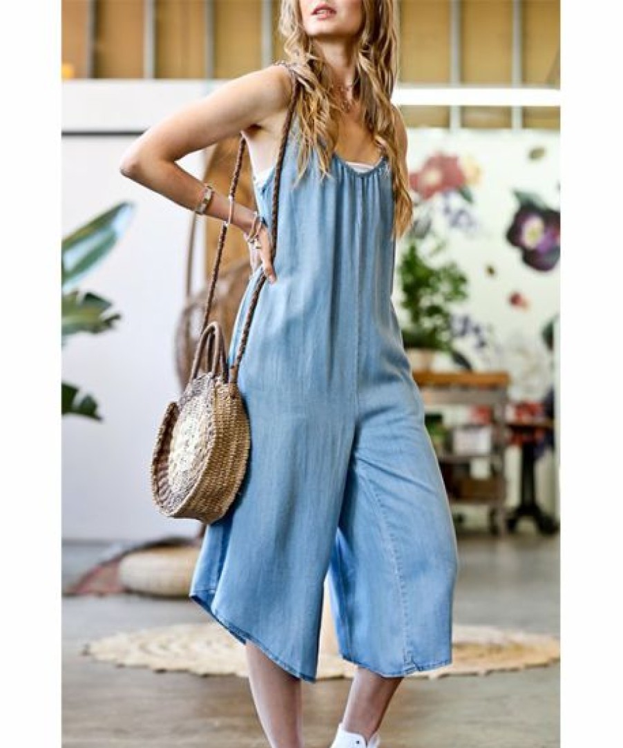 Women * | Flash Sale 42Pops Denim Blue V-Neck Sleeveless Wide-Leg Crop Pocket Jumpsuit Women