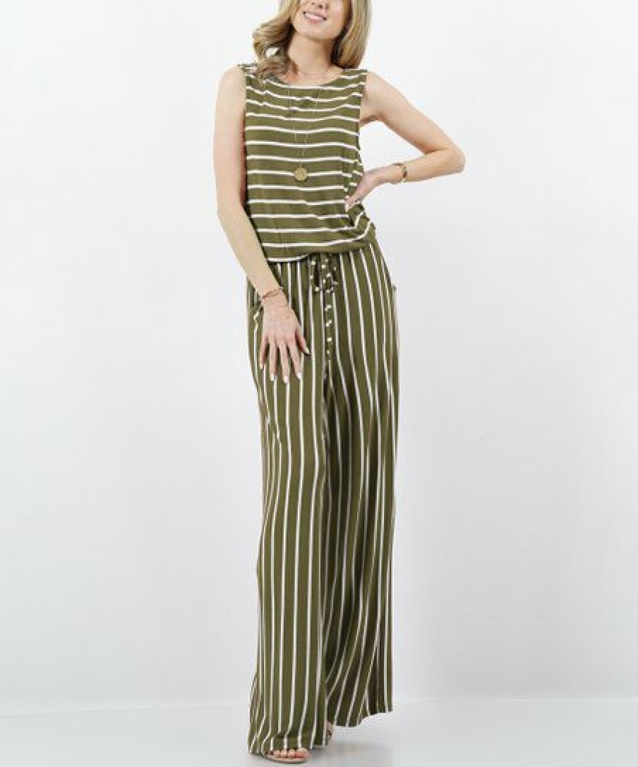 Women * | Buy 42Pops Dusty Olive & Ivory Stripe Sleeveless Drawstring-Waist Pocket Jumpsuit Women