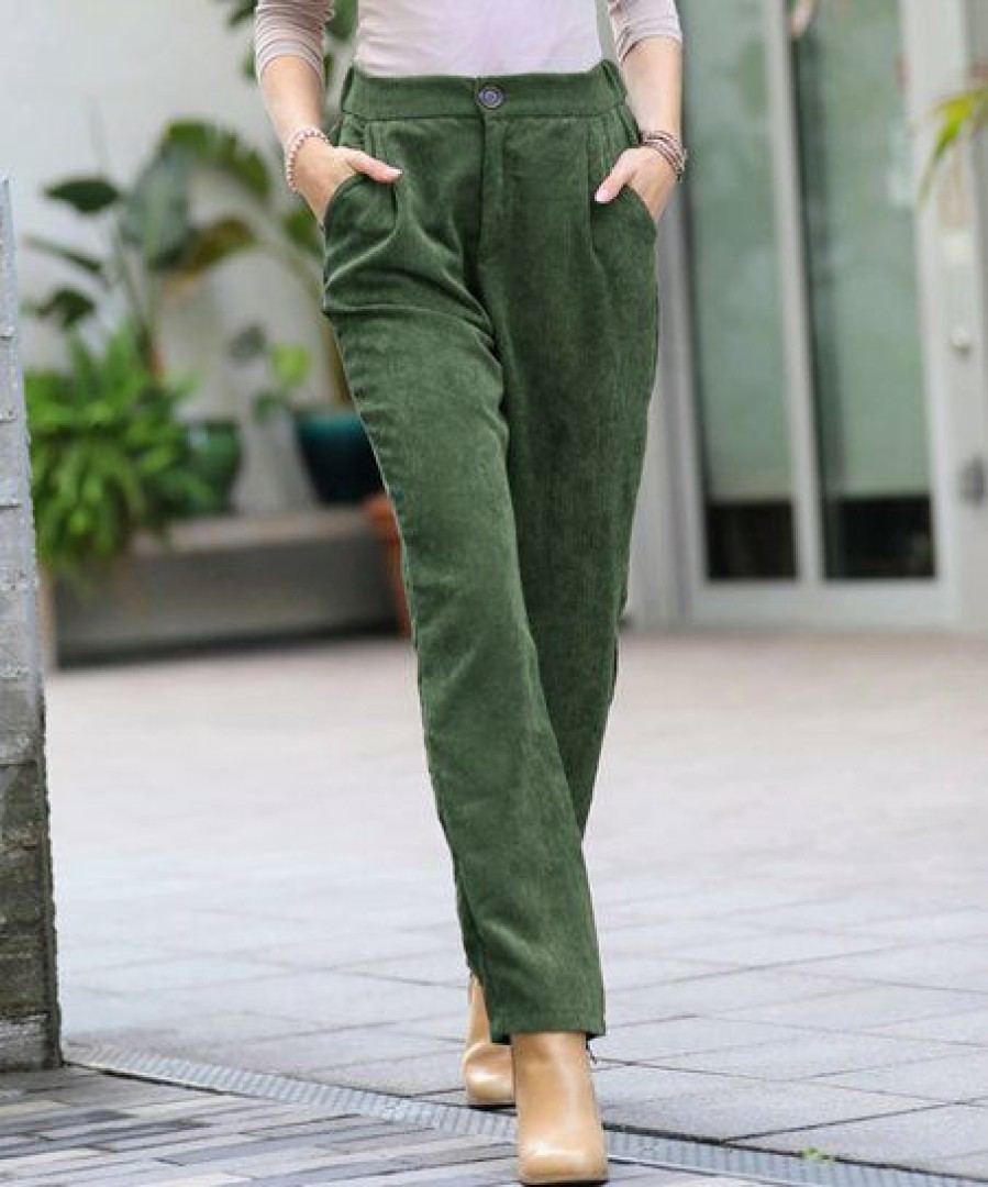 Women * | Coupon 42Pops Army Green Corduroy Pocket High-Waist Pants Women