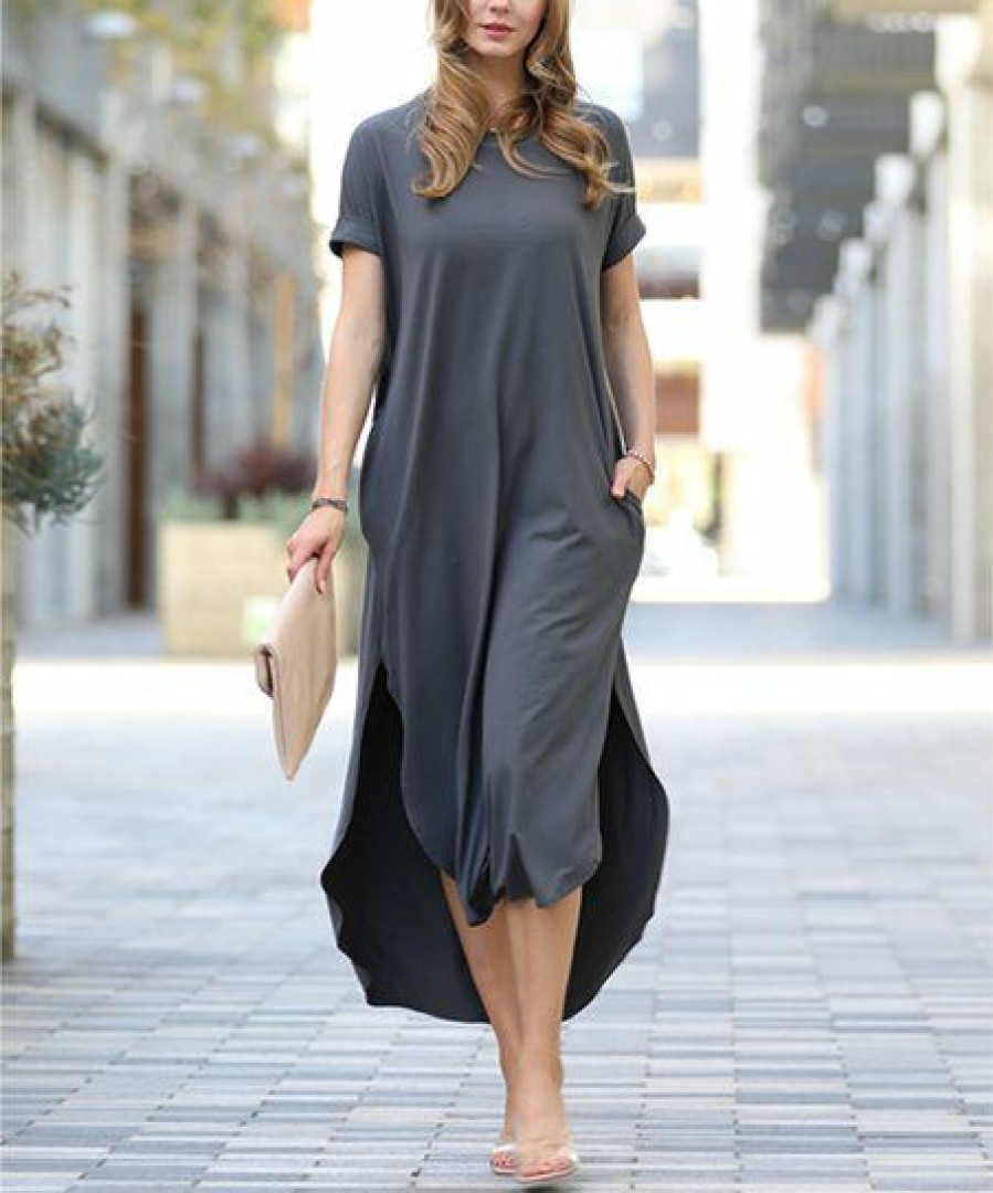 Women * | Budget 42Pops Ash Gray Brushed Short-Sleeve Hi-Low Maxi Dress Women