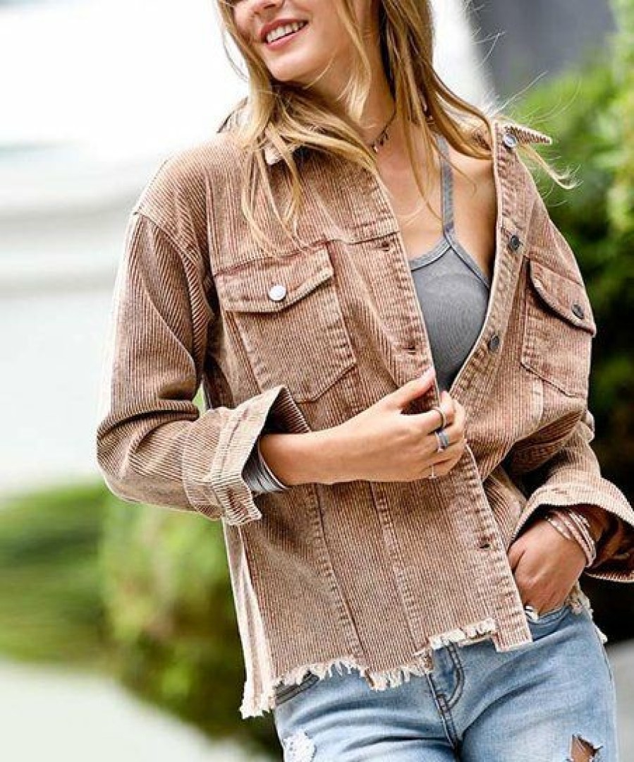 Women * | Budget 42Pops Mocha Distressed-Trim Pocket Button-Up Jacket Women