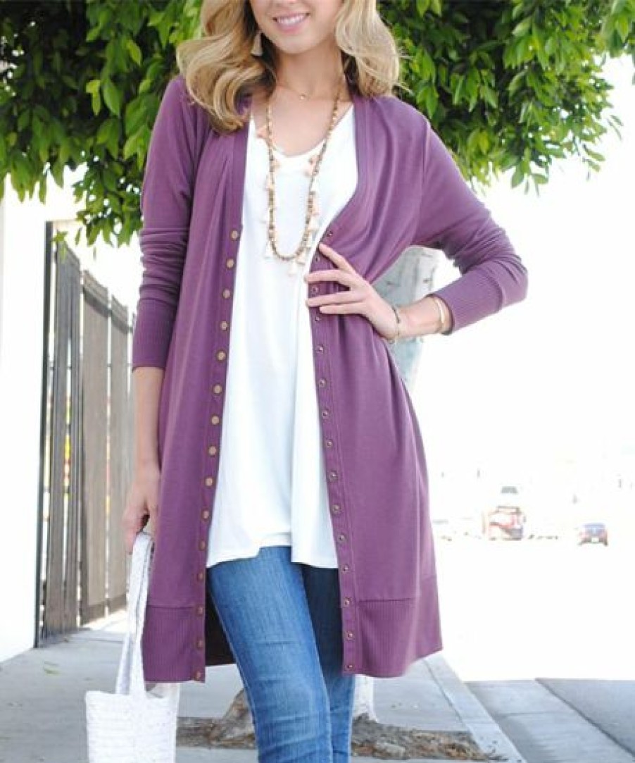 Women * | Hot Sale 42Pops Lilac Gray Longline Snap Pocket Cardigan Women