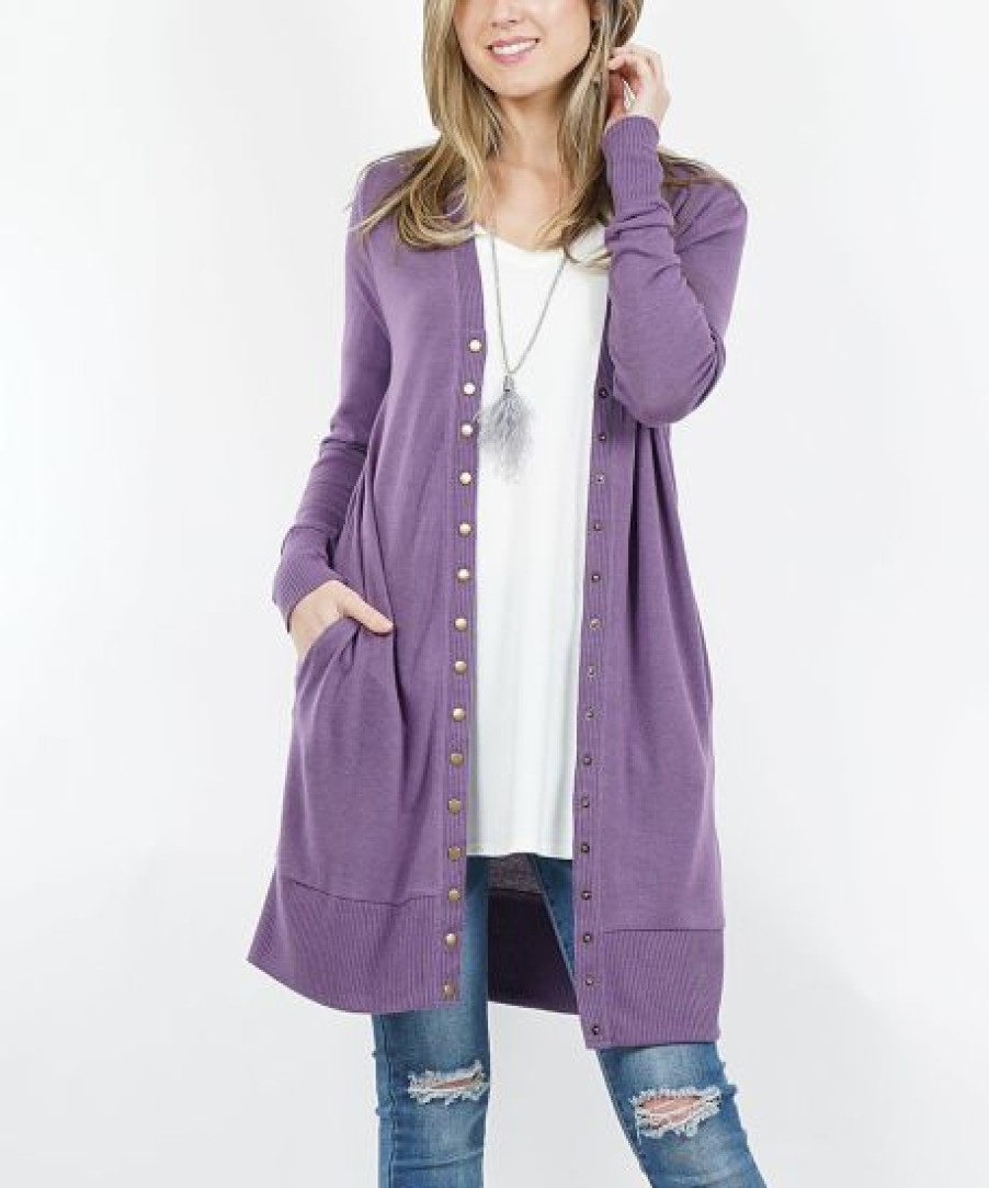 Women * | Hot Sale 42Pops Lilac Gray Longline Snap Pocket Cardigan Women