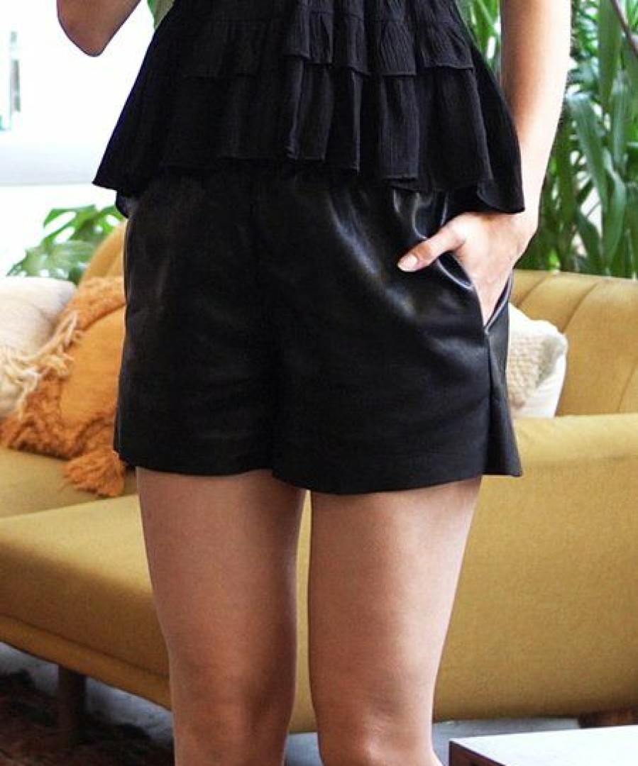 Women * | Brand New 42Pops Black Faux Leather Pocket Shorts Women