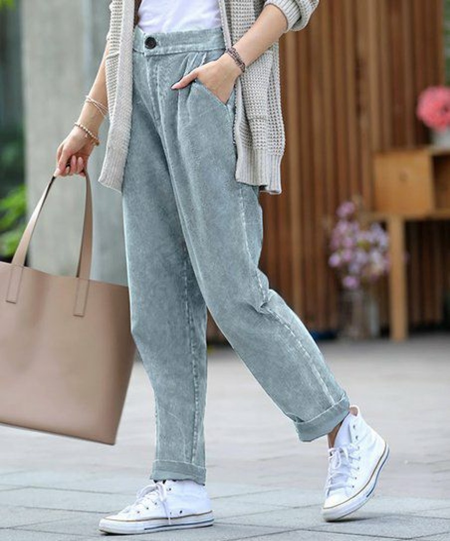 Women * | Flash Sale 42Pops Blue Gray Mineral Wash Pleated Pocket Corduroy Straight-Leg Pants Women