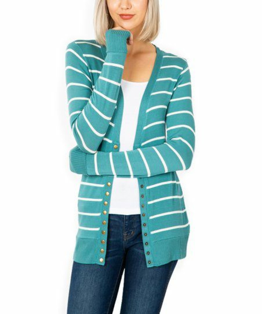 Women * | Hot Sale 42Pops Dusty Teal & Ivory Stripe Snap-Front Cardigan Women