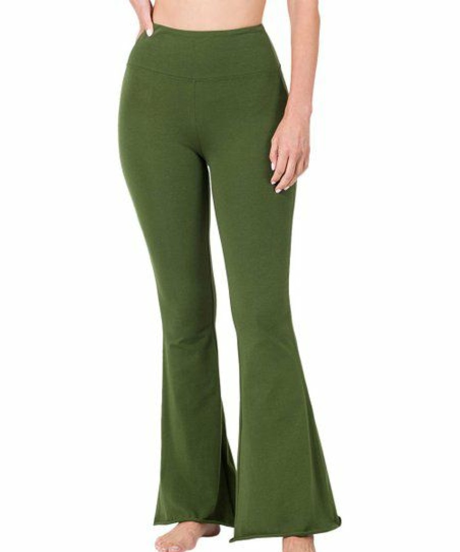 Women * | Best Pirce 42Pops Army Green Wide-Waistband Raw-Cuff Flare Yoga Pants Women