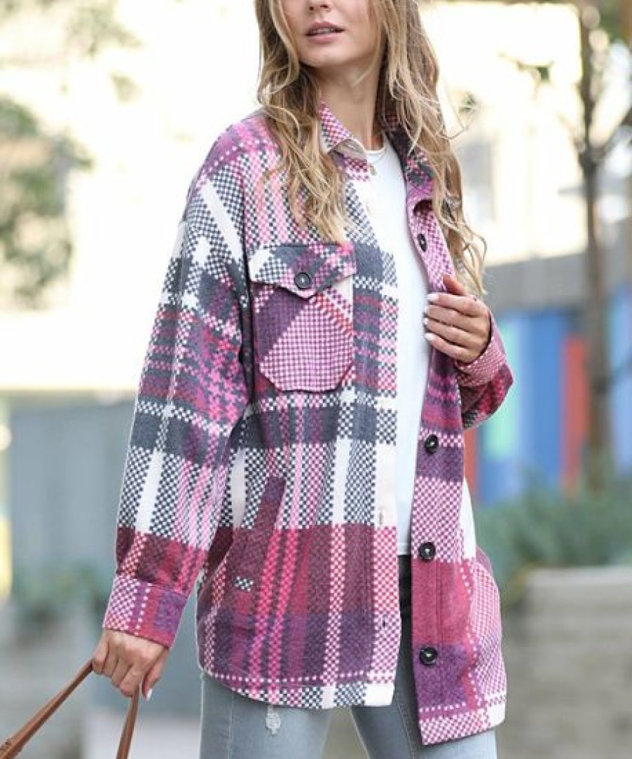 Women * | Best Deal 42Pops Burgundy Plaid Oversize Button-Up Shacket Women