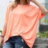 Women * | Budget 42Pops Neon Coral Scoop Neck Pocket Oversize Boyfriend Tee Women & Plus