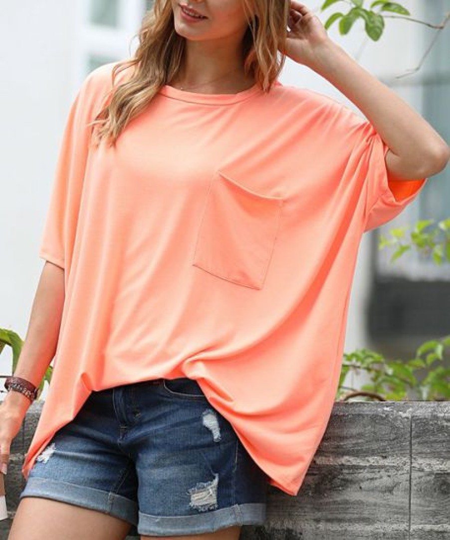 Women * | Budget 42Pops Neon Coral Scoop Neck Pocket Oversize Boyfriend Tee Women & Plus