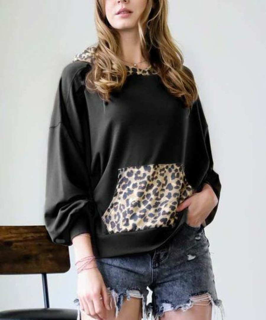 Women * | Buy 42Pops Black & Brown Leopard-Contrast Pocket Hoodie Women