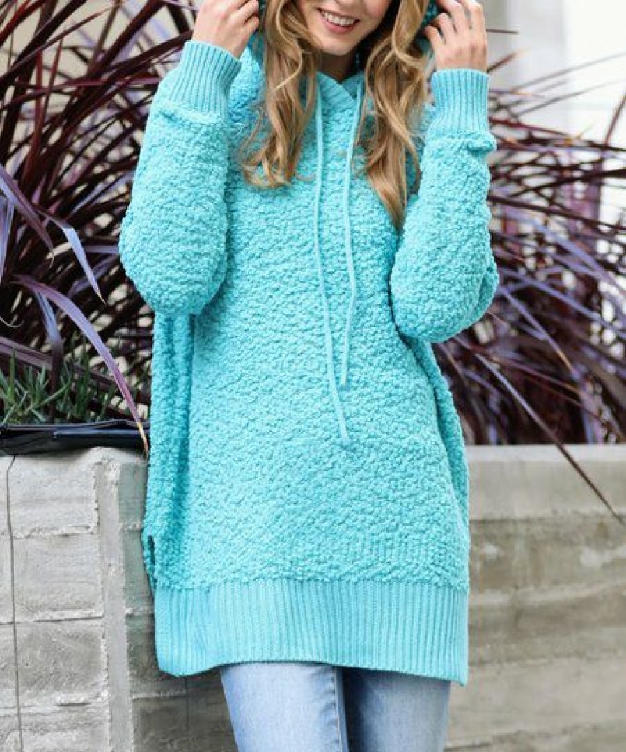 Women * | Flash Sale 42Pops Ash Mint Popcorn-Knit Side-Slit Hoodie Women