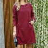 Women * | Best Deal 42Pops Dark Burgundy Corduroy Boatneck Long-Sleeve Pocket Shift Dress Women