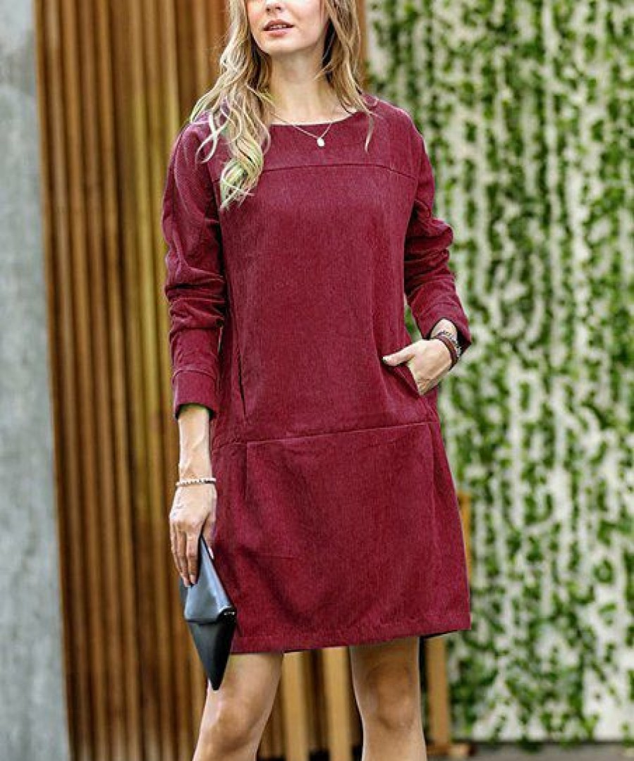 Women * | Best Deal 42Pops Dark Burgundy Corduroy Boatneck Long-Sleeve Pocket Shift Dress Women