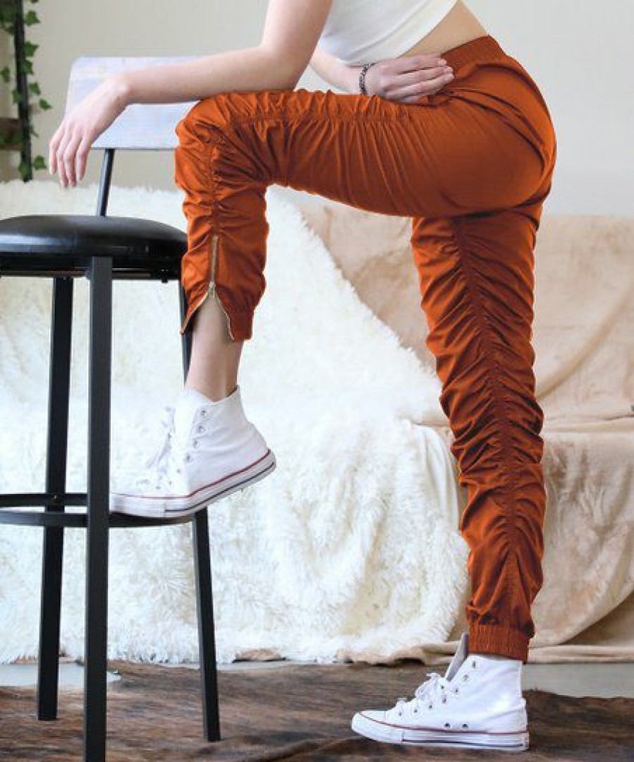 Women * | Wholesale 42Pops Rust Ruched Elastic-Waist Zip-Cuff Pocket Joggers Women