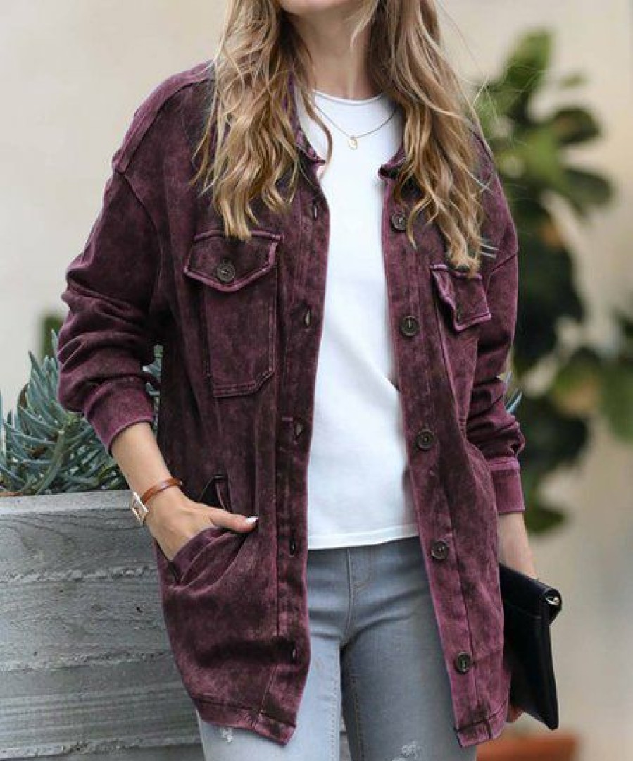 Women * | Best Sale 42Pops Dark Burgundy Mineral Wash Pocket Shacket Women