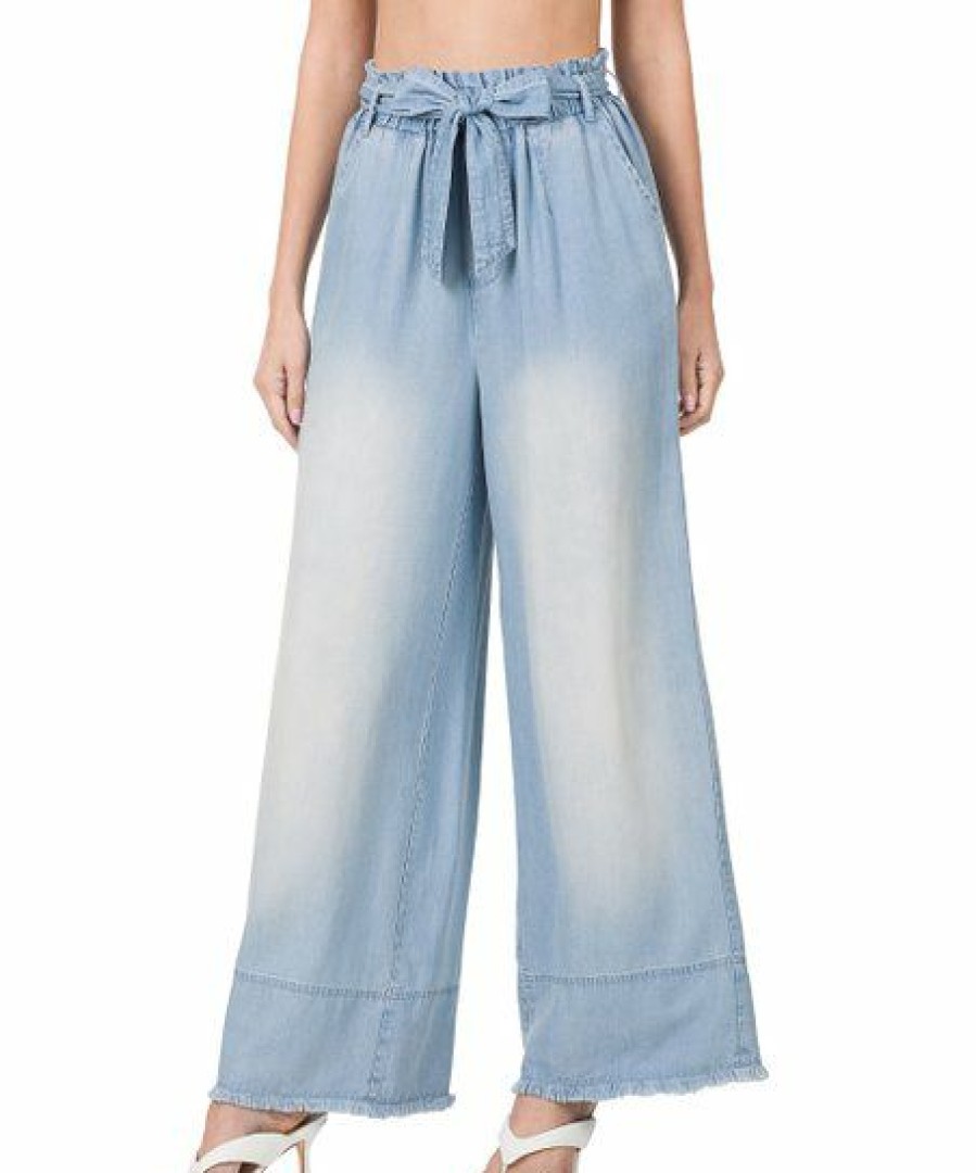 Women * | Deals 42Pops Light Blue Chambray Paper-Bag Wide-Leg Pocket Pants Plus