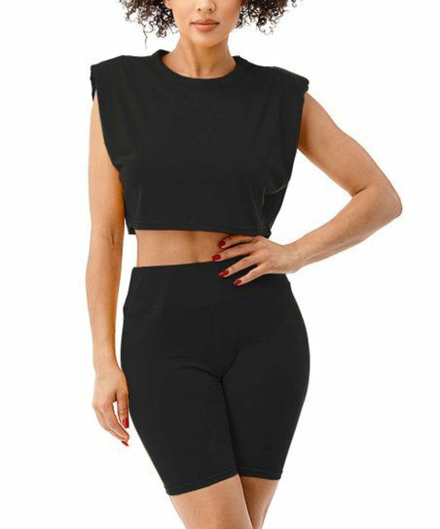 Women * | Best Sale 42Pops Black Crop Muscle Top & High-Waist Bike Shorts Women