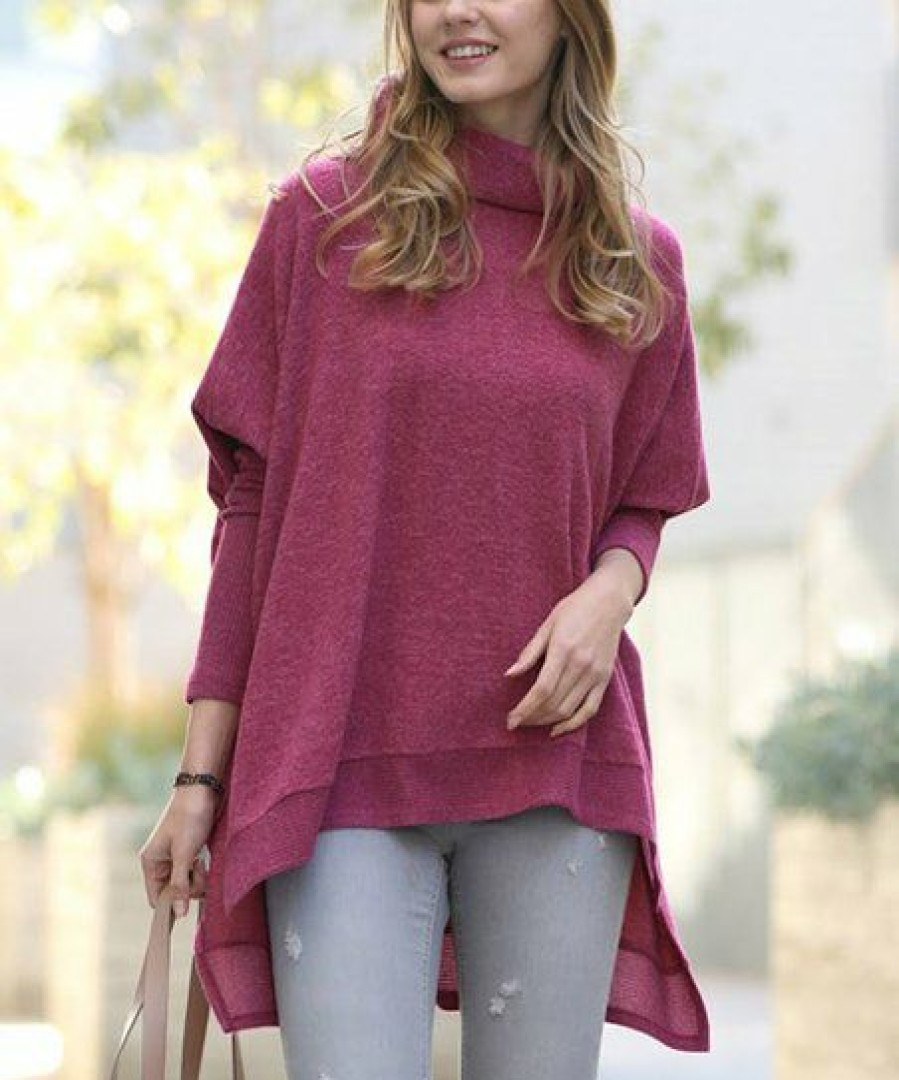 Women * | Best Reviews Of 42Pops Dark Burgundy Melange Cowl Neck Long-Sleeve Hi-Low Poncho Women