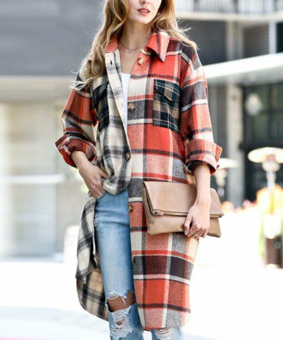 Women * | Promo 42Pops Latte & Rust Plaid Pocket Button-Up Coat Women