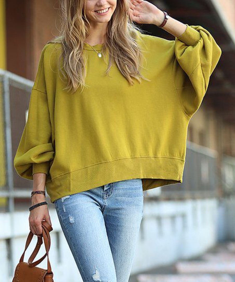 Women * | Flash Sale 42Pops Olive Mustard Drop-Shoulder Hi-Low Sweatshirt Women