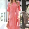 Women * | Budget 42Pops Ash Rose Round-Neck Half-Sleeve Tiered Shift Dress Women