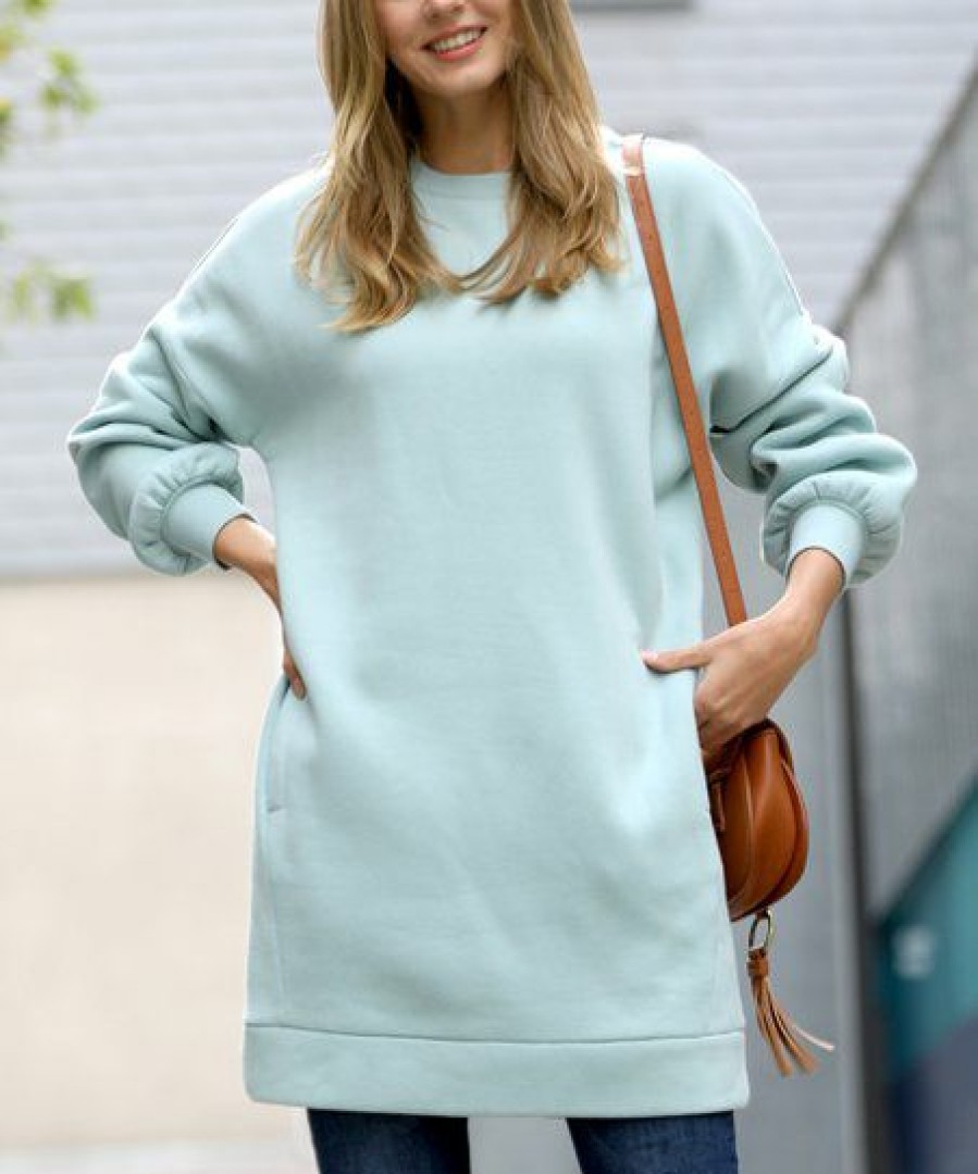 Women * | Discount 42Pops Light Green Crewneck Long-Sleeve Pocket Oversize Sweatshirt Tunic Women