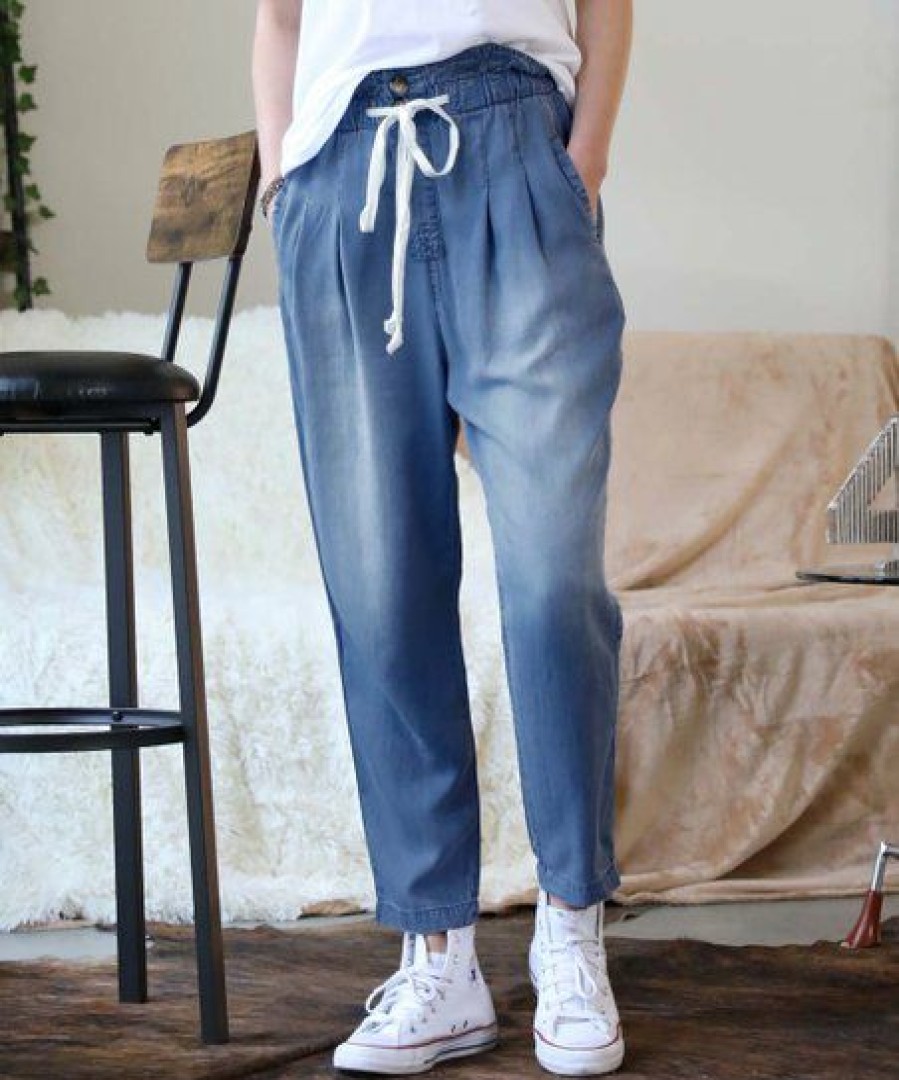 Women * | Outlet 42Pops Dark Blue Chambray Pleated Paper-Bag Pocket Pants Women