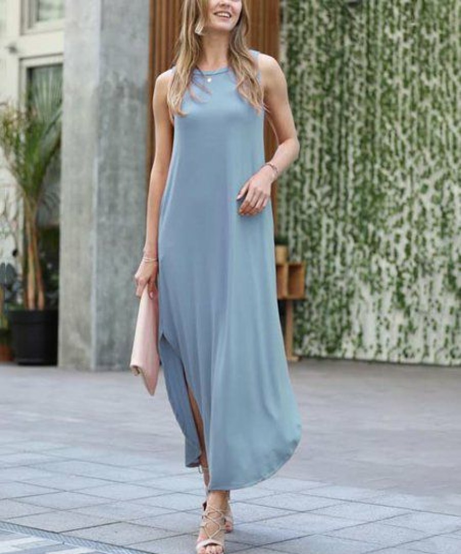 Women * | Coupon 42Pops Blue Gray Side-Slit Sleeveless Curved-Hem Pocket Maxi Dress Women