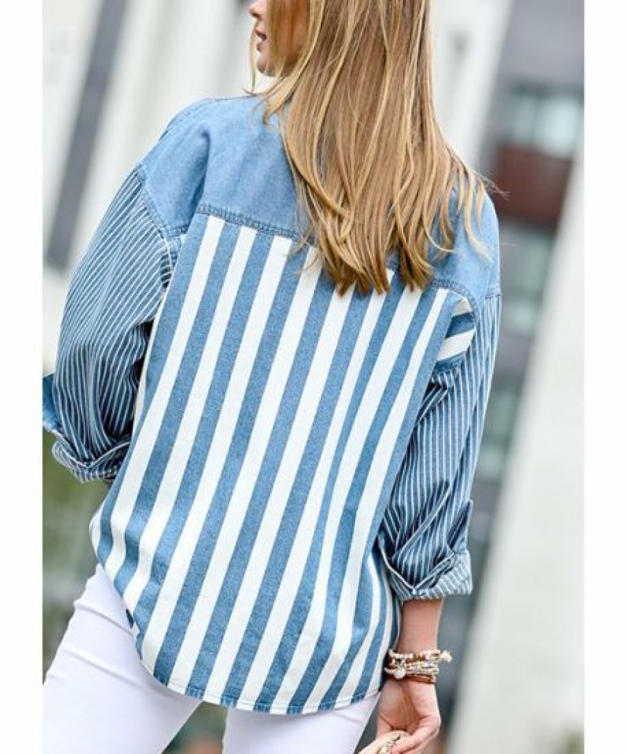 Women * | Buy 42Pops Light Denim Stripe Button-Down Shacket Women