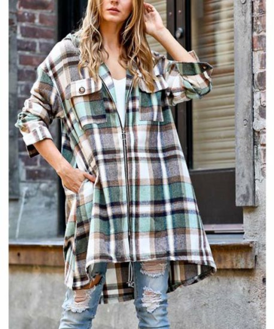 Women * | Brand New 42Pops Green Plaid Drawstring-Hem Pocket Zip-Up Hooded Coat Women