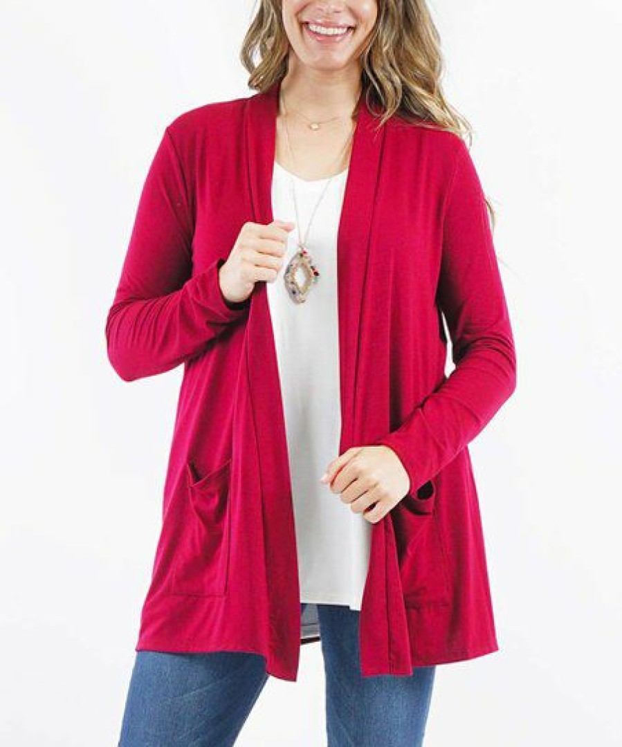 Women * | New 42Pops Burgundy Slouchy Long-Sleeve Open Pocket Cardigan Plus