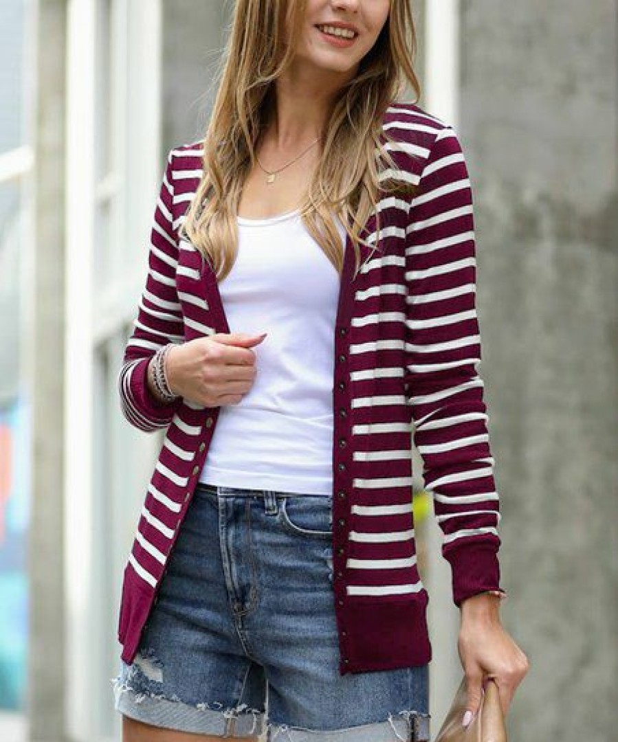 Women * | Wholesale 42Pops Dark Burgundy & Ivory Stripe Snap-Front Cardigan Women