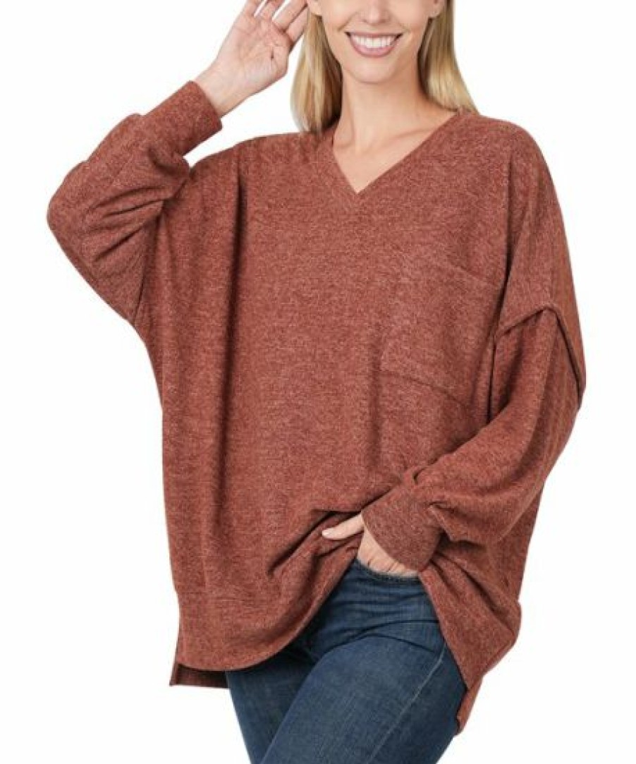 Women * | Discount 42Pops Dark Rust Melange V-Neck Hi-Low Oversize Sweater Women