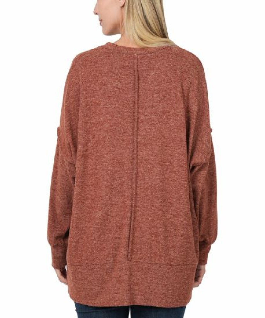 Women * | Discount 42Pops Dark Rust Melange V-Neck Hi-Low Oversize Sweater Women