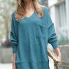 Women * | Discount 42Pops Teal Melange V-Neck Hi-Low Pocket Sweater Women