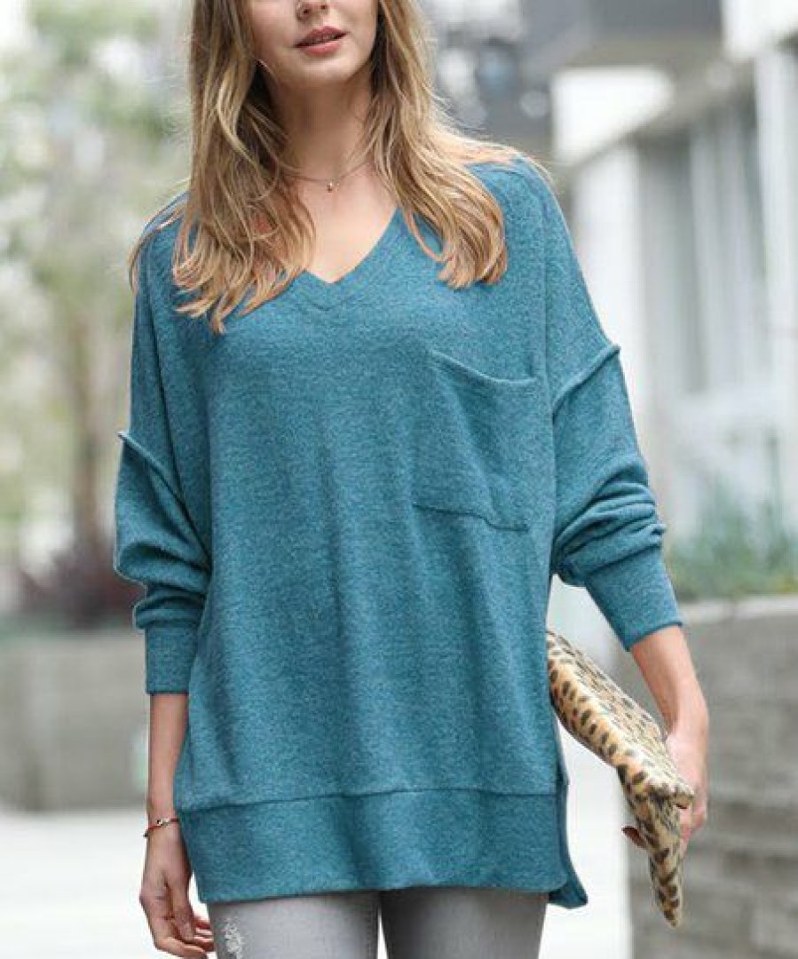 Women * | Discount 42Pops Teal Melange V-Neck Hi-Low Pocket Sweater Women