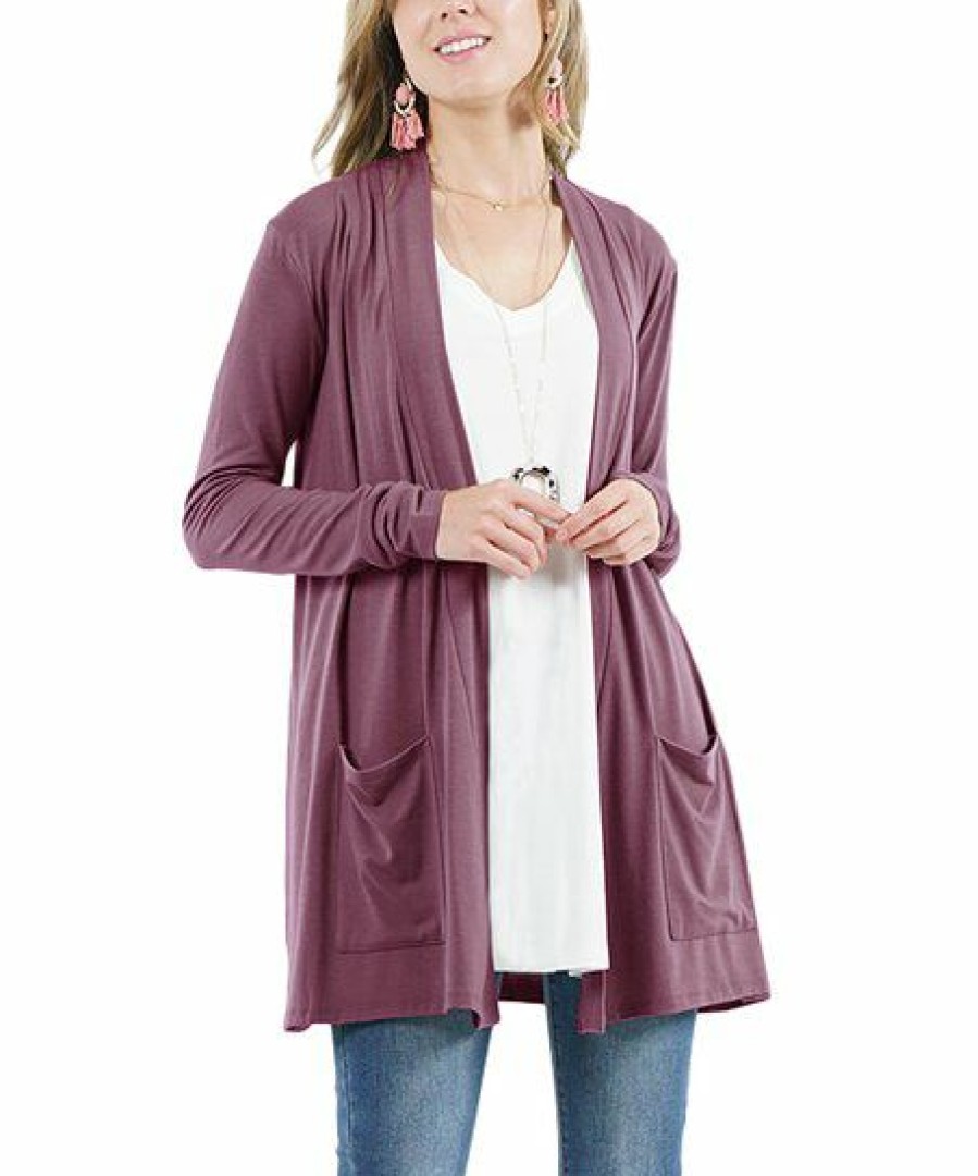 Women * | Hot Sale 42Pops Eggplant Slouchy Pocket Open Cardigan Women