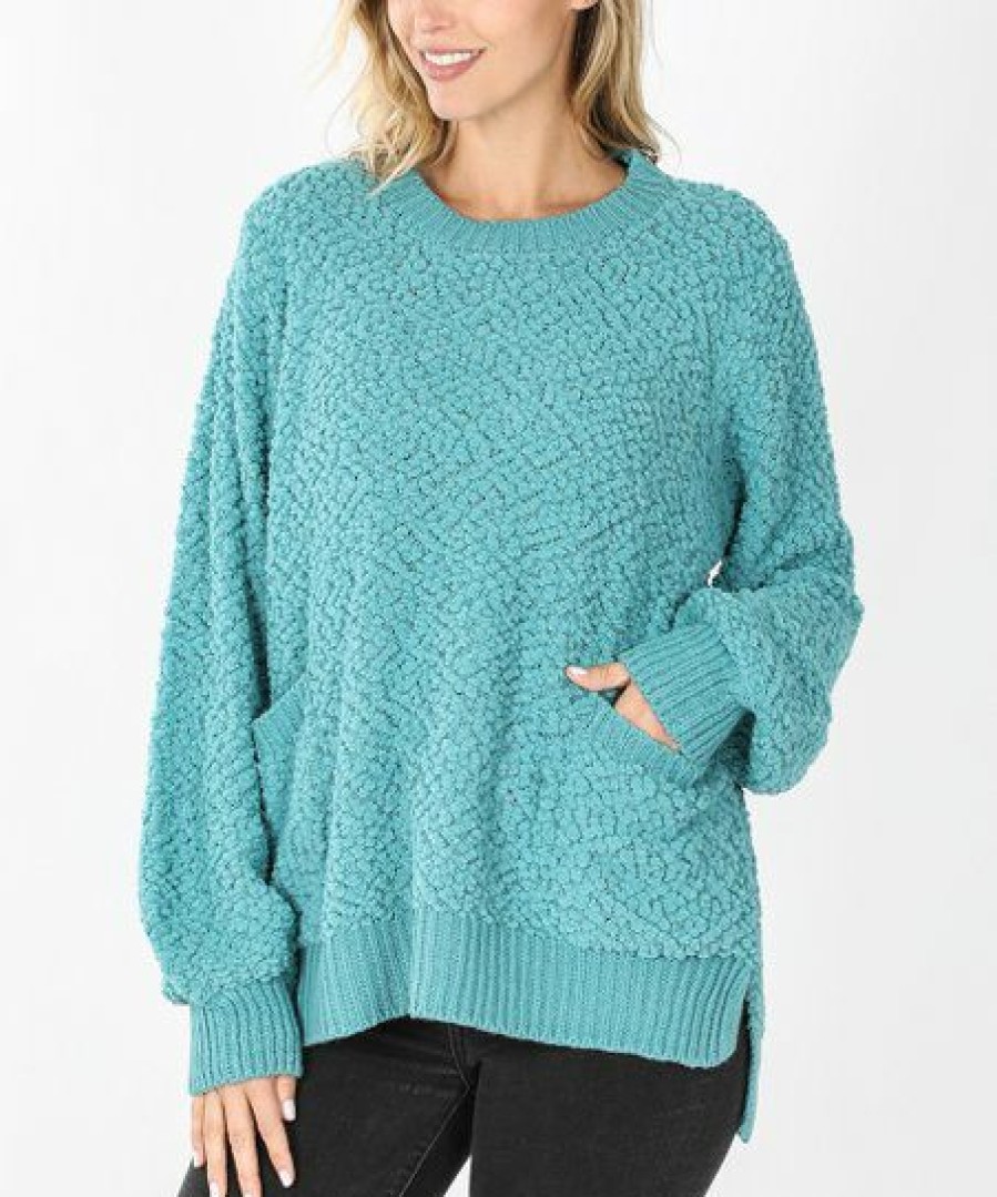 Women * | Cheap 42Pops Dusty Teal Popcorn Detail Bishop-Sleeve Pocket Sweater Women