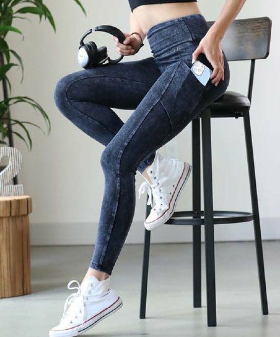 Women * | Flash Sale 42Pops Blue Gray Mineral-Wash Wide-Waistband Pocket Leggings Women