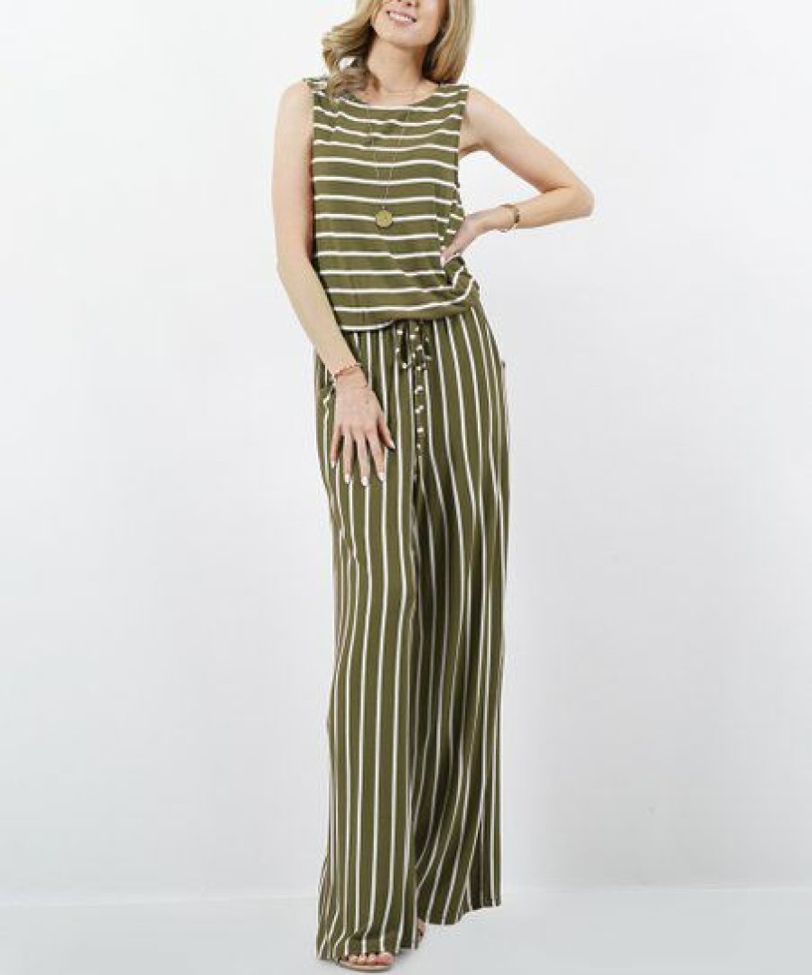 Women * | Best Reviews Of 42Pops Dusty Olive & Ivory Stripe Sleeveless Pocket Jumpsuit Women