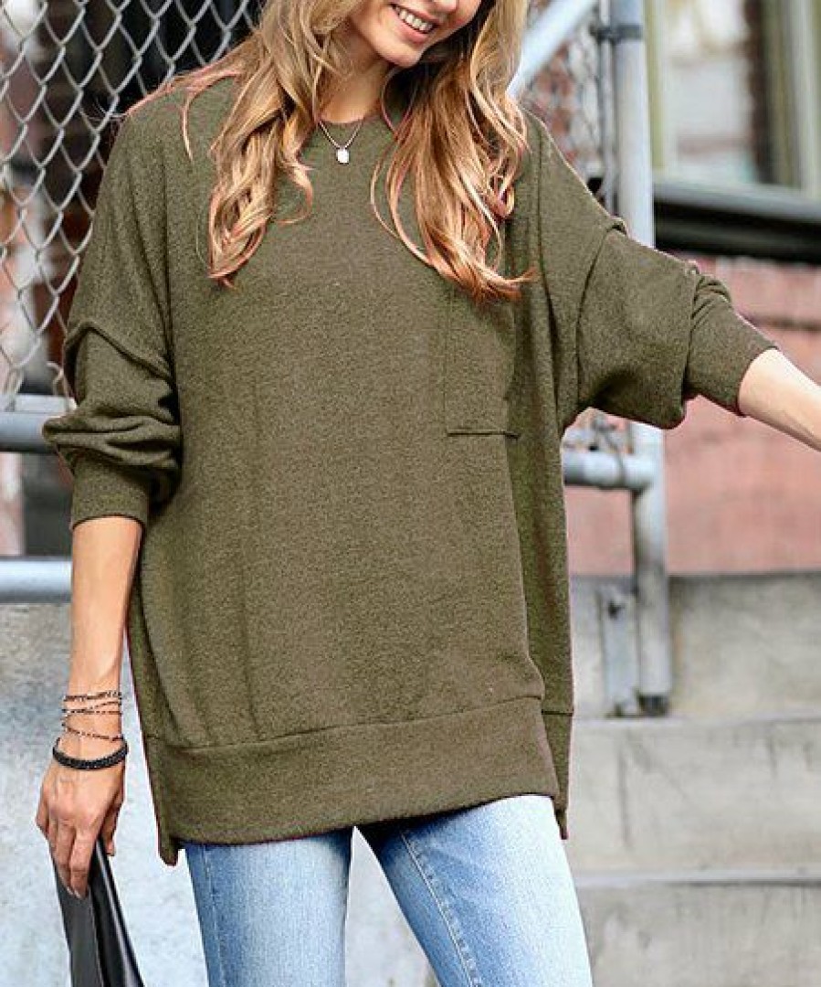 Women * | Hot Sale 42Pops Dark Olive Brushed Melange Over-Sized Drop-Shoulder Sweatshirt Women